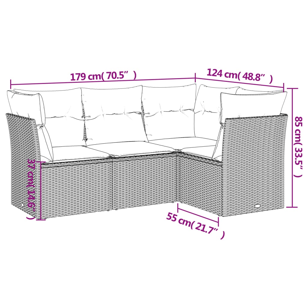 Salon de jardin 4 pcs avec coussins gris résine tressée