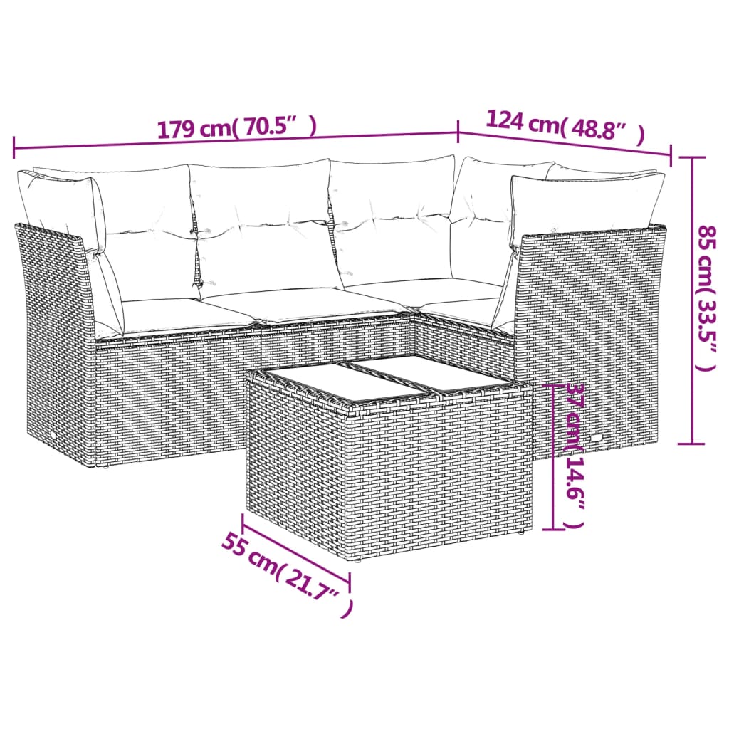 Salon de jardin avec coussins 5 pcs marron résine tressée