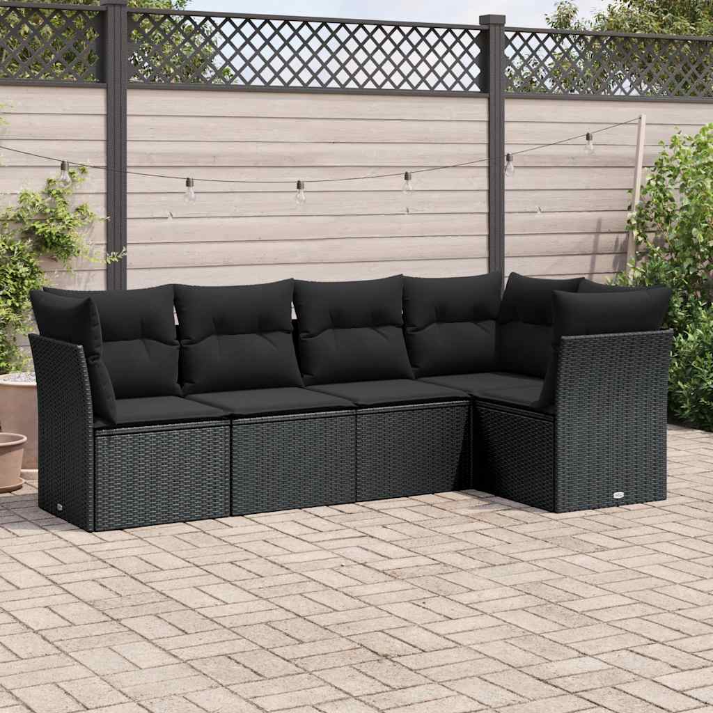 Salon de jardin 5 pcs avec coussins noir résine tressée