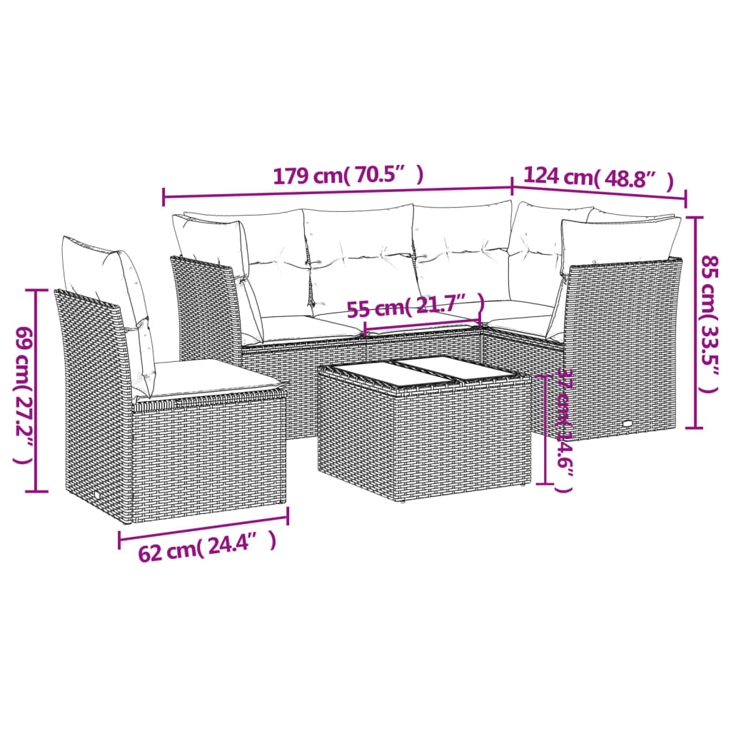 Salon de jardin avec coussins 6 pcs marron résine tressée