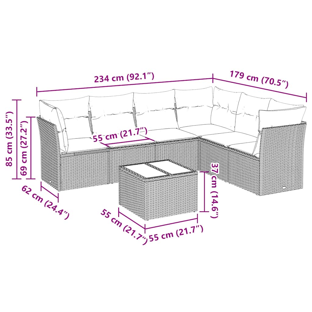 Salon de jardin 7 pcs avec coussins noir résine tressée