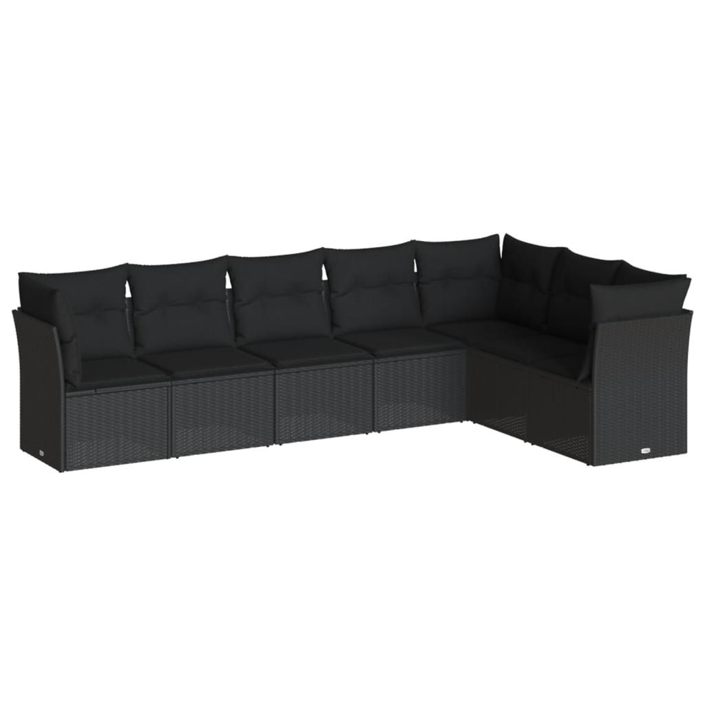 Salon de jardin 7 pcs avec coussins noir résine tressée