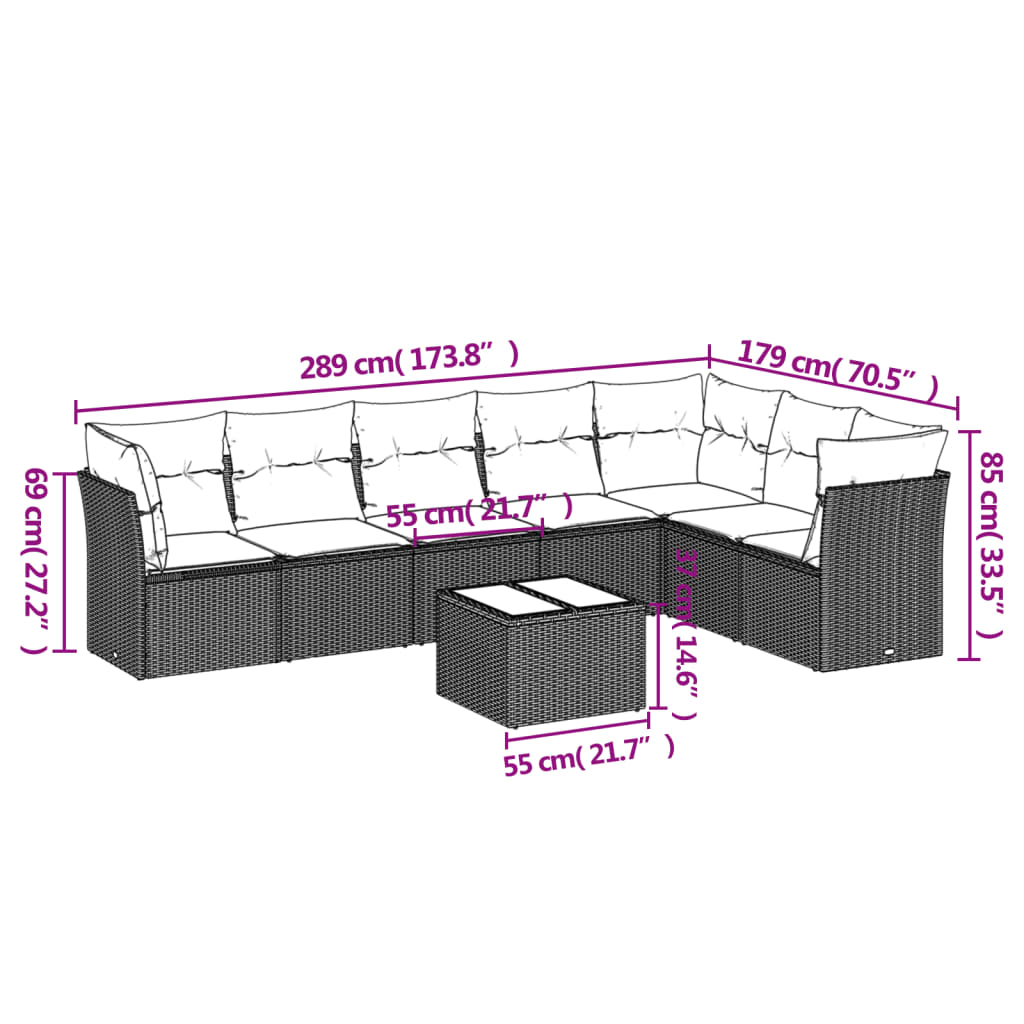 Salon de jardin 8 pcs avec coussins marron résine tressée