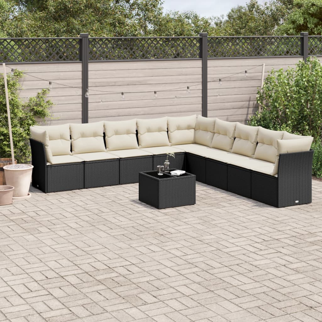 Salon de jardin 10 pcs avec coussins noir résine tressée