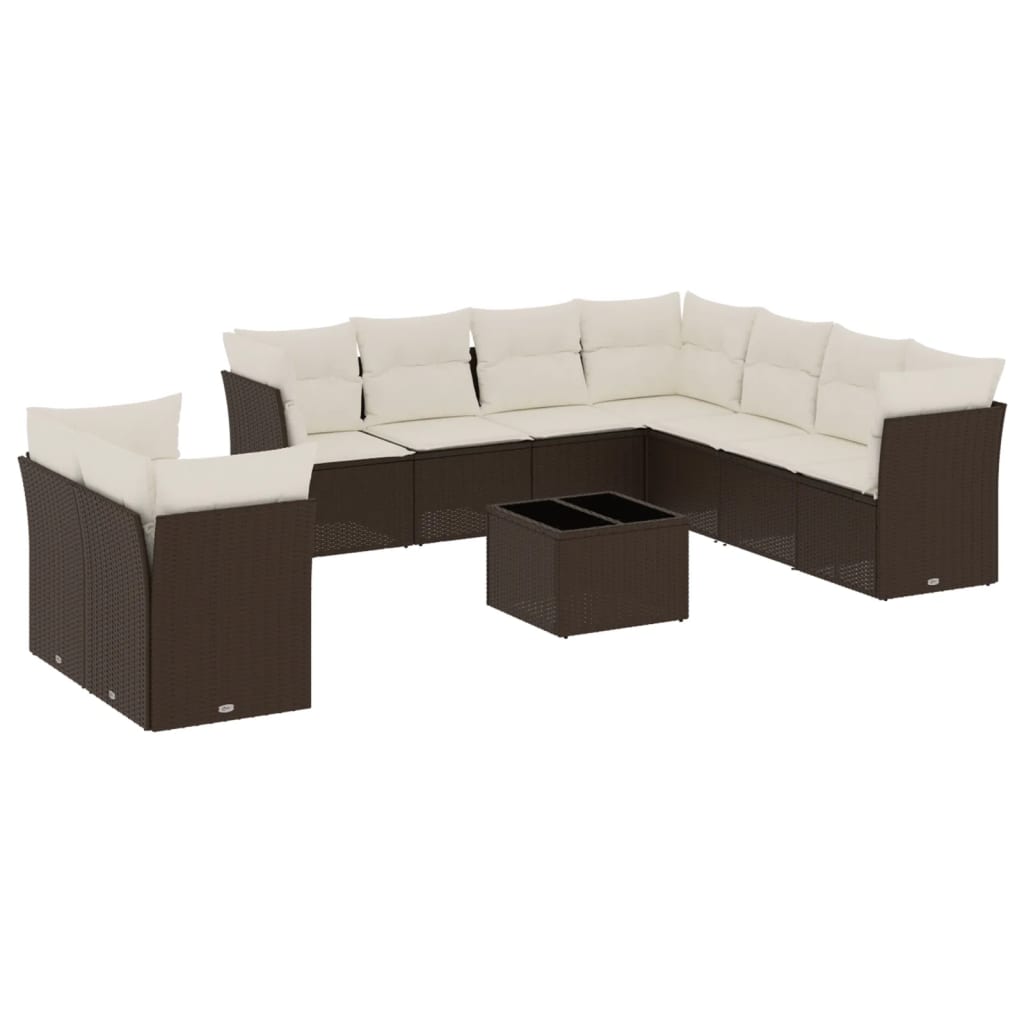 Salon de jardin 10 pcs avec coussins marron résine tressée
