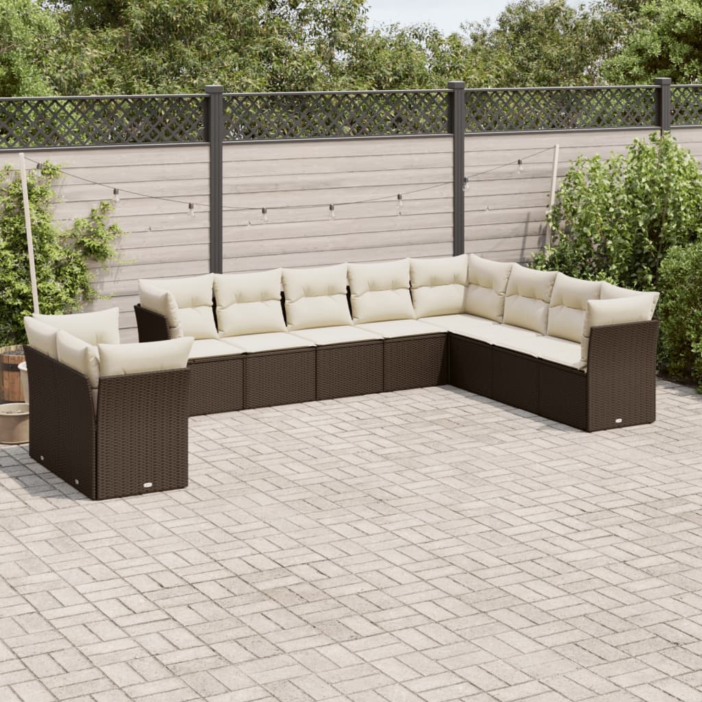 Salon de jardin 10 pcs avec coussins marron résine tressée