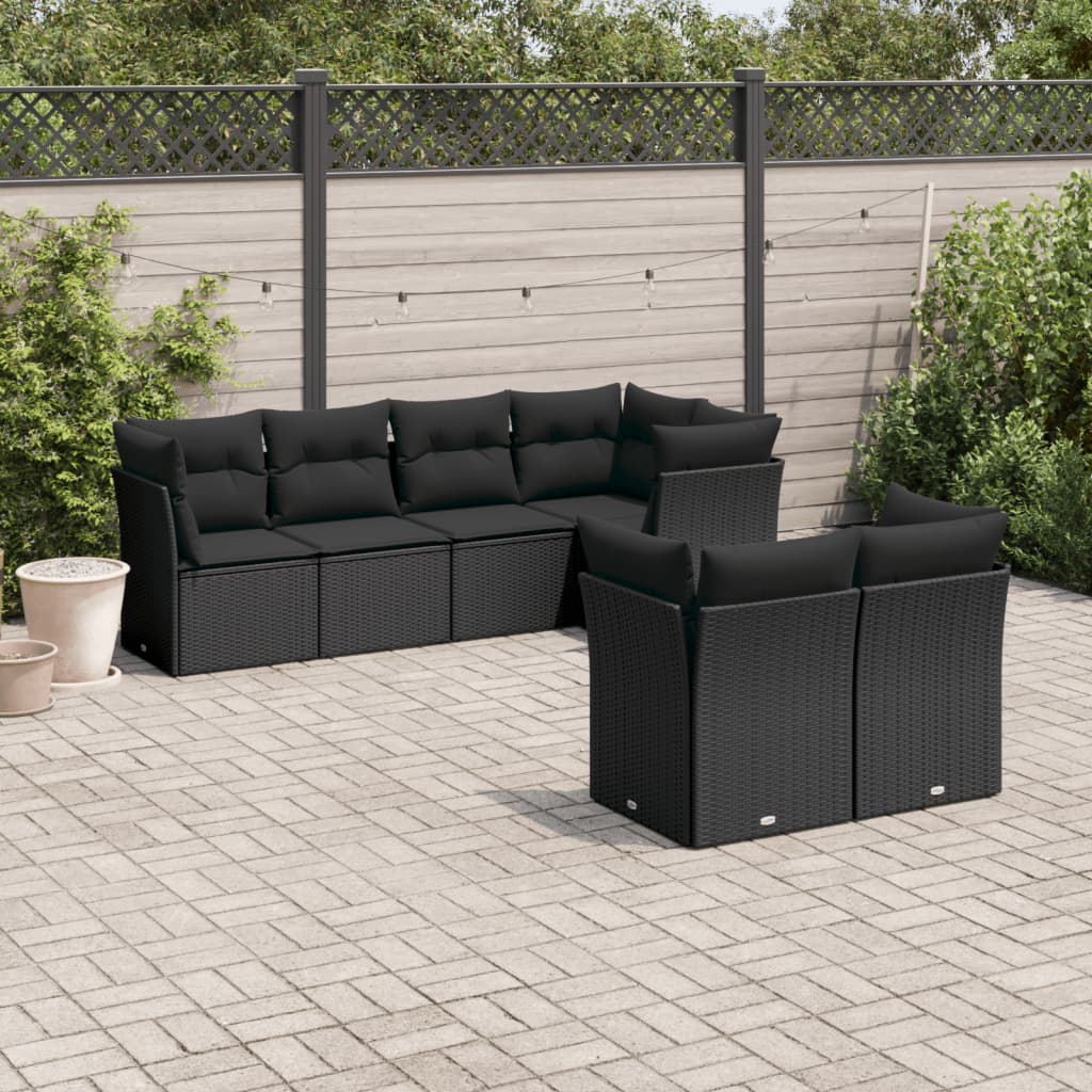 Salon de jardin 7 pcs avec coussins noir résine tressée