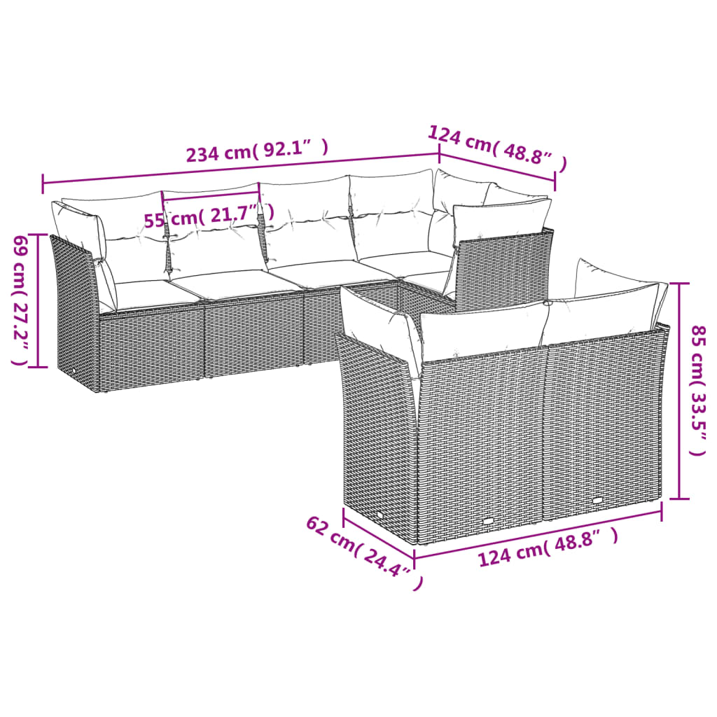Salon de jardin avec coussins 7 pcs marron résine tressée