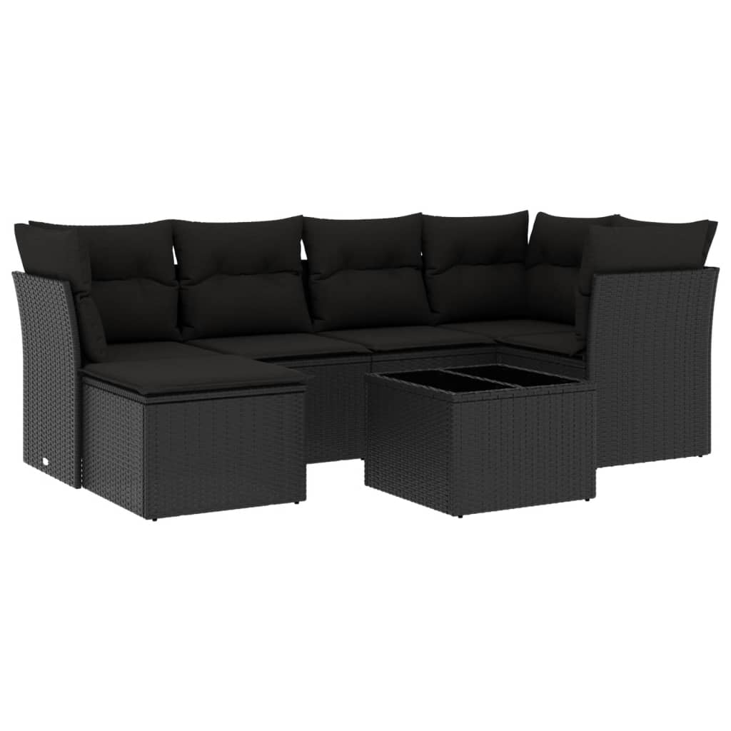 Salon de jardin 7 pcs avec coussins noir résine tressée