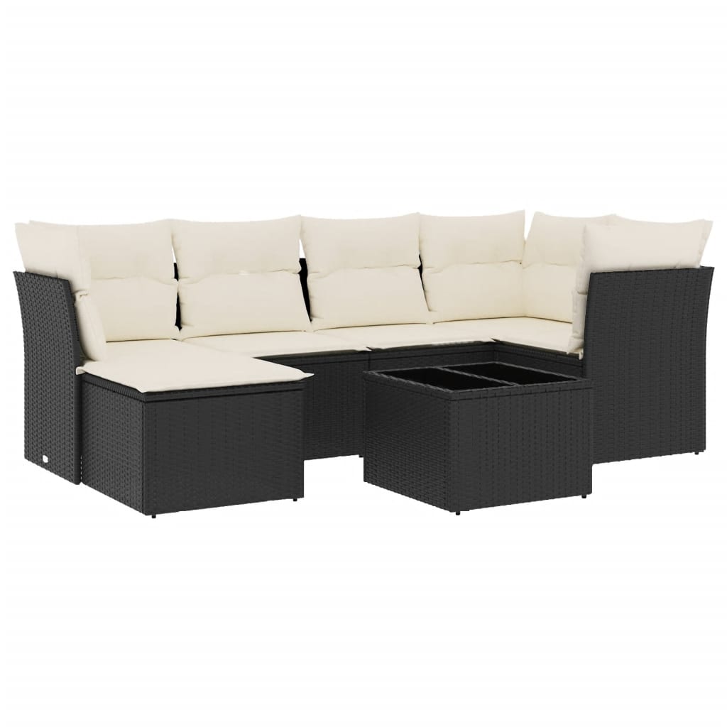 Salon de jardin 7 pcs avec coussins noir résine tressée
