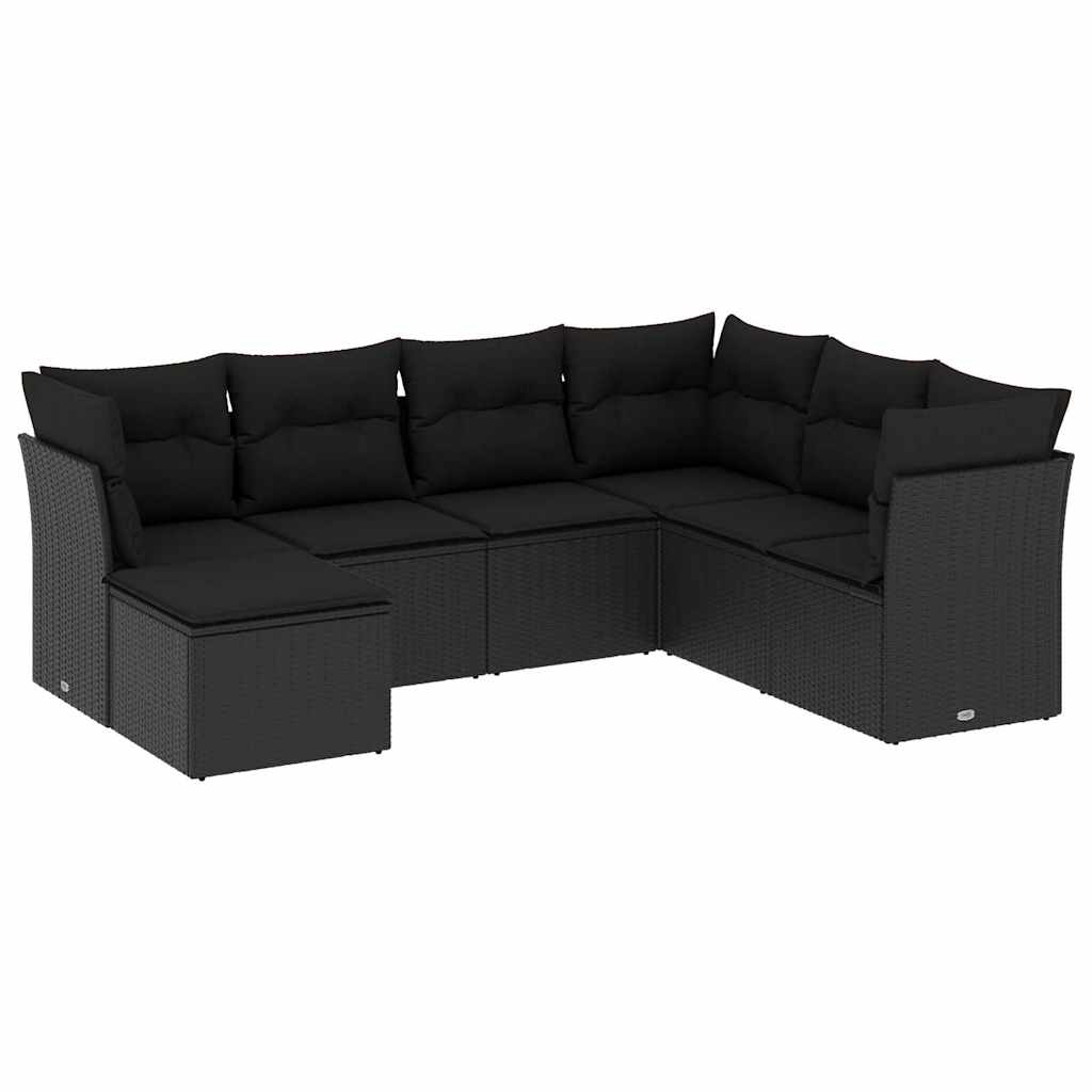 Salon de jardin 7 pcs avec coussins noir résine tressée