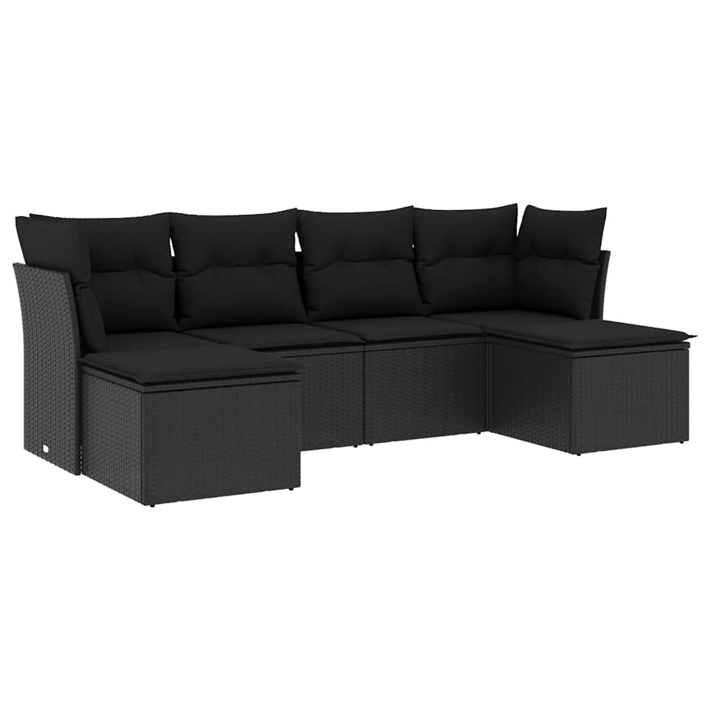 Salon de jardin 6 pcs avec coussins noir résine tressée