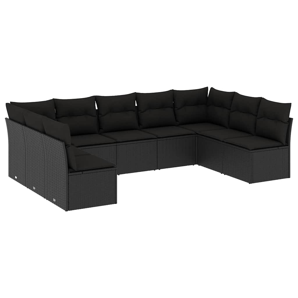 Salon de jardin 9 pcs avec coussins noir résine tressée