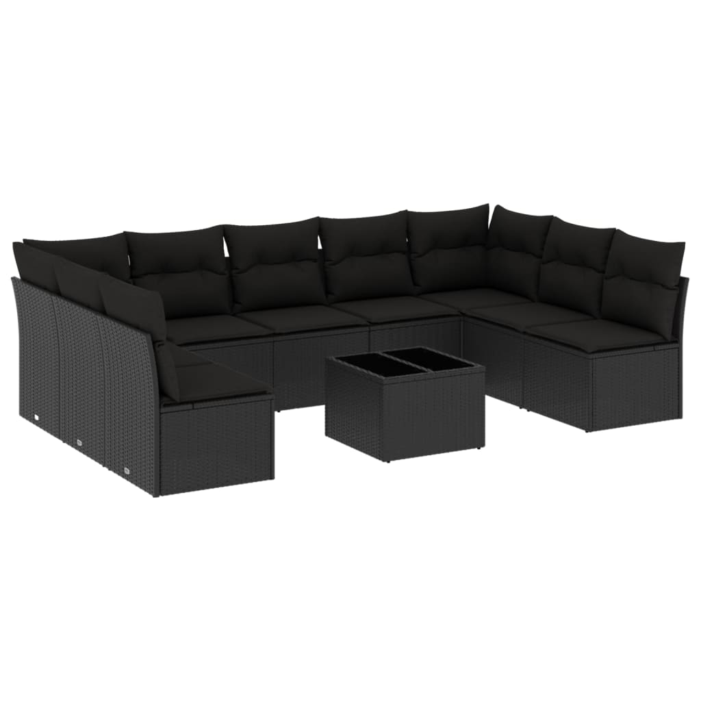 Salon de jardin 10 pcs avec coussins noir résine tressée