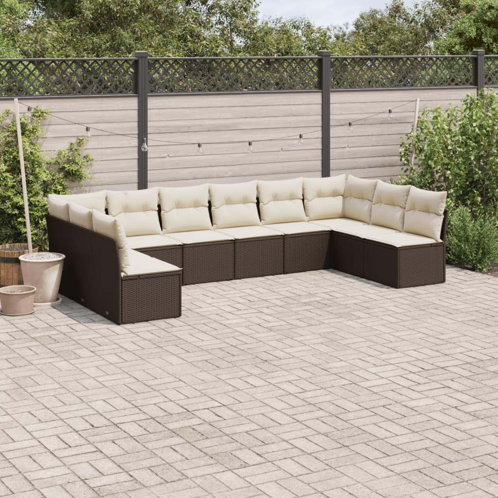 Salon de jardin 10 pcs avec coussins marron résine tressée