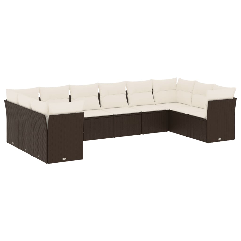 Salon de jardin 10 pcs avec coussins marron résine tressée