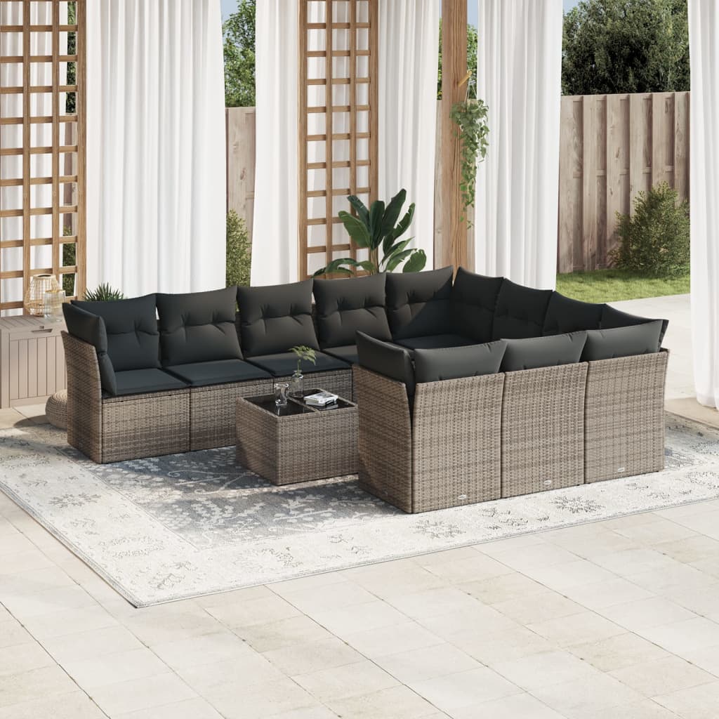 Salon de jardin 11 pcs avec coussins gris résine tressée