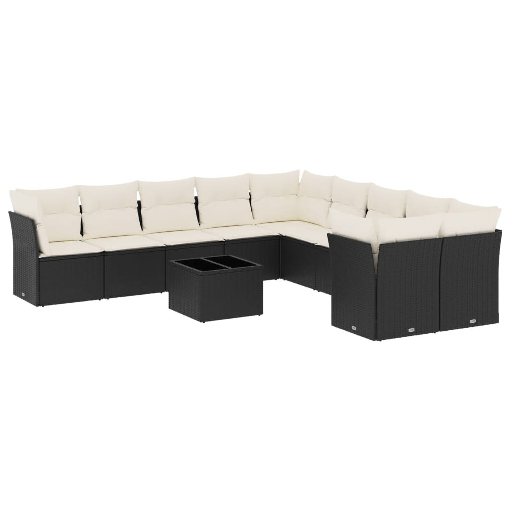 Salon de jardin 11 pcs avec coussins noir résine tressée