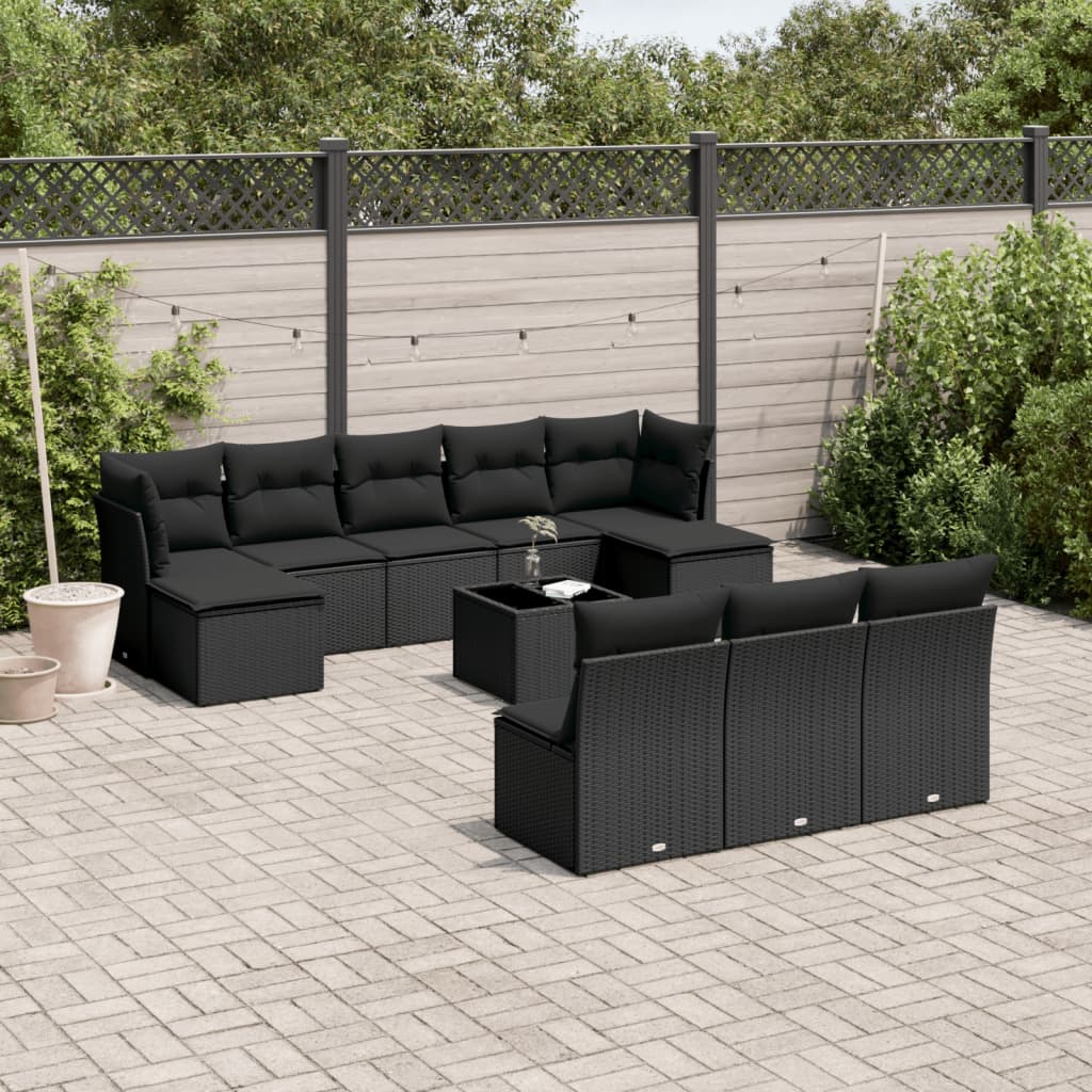 Salon de jardin 11 pcs avec coussins noir résine tressée