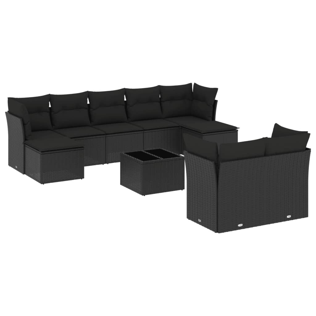 Salon de jardin 10 pcs avec coussins noir résine tressée