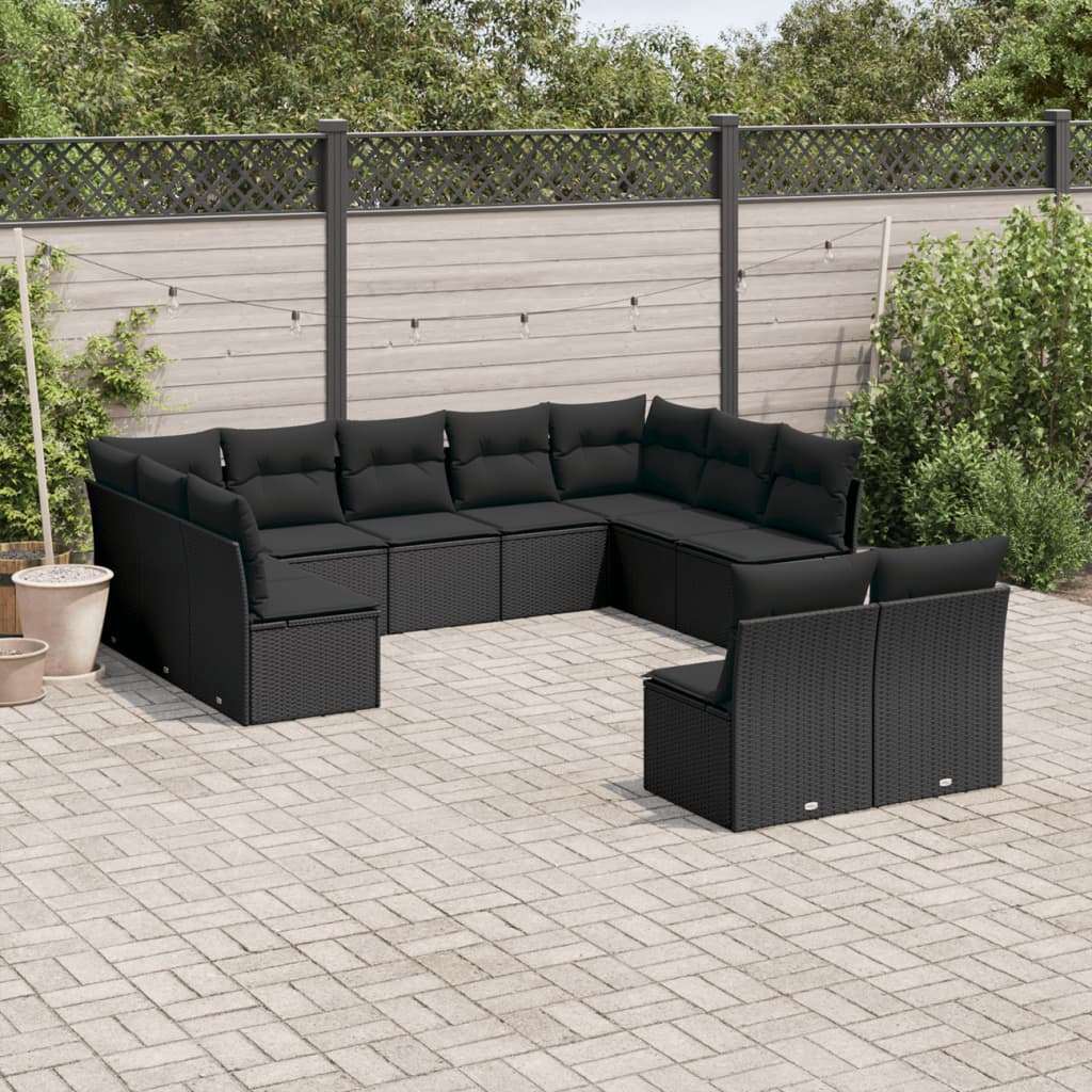 Salon de jardin 11 pcs avec coussins noir résine tressée