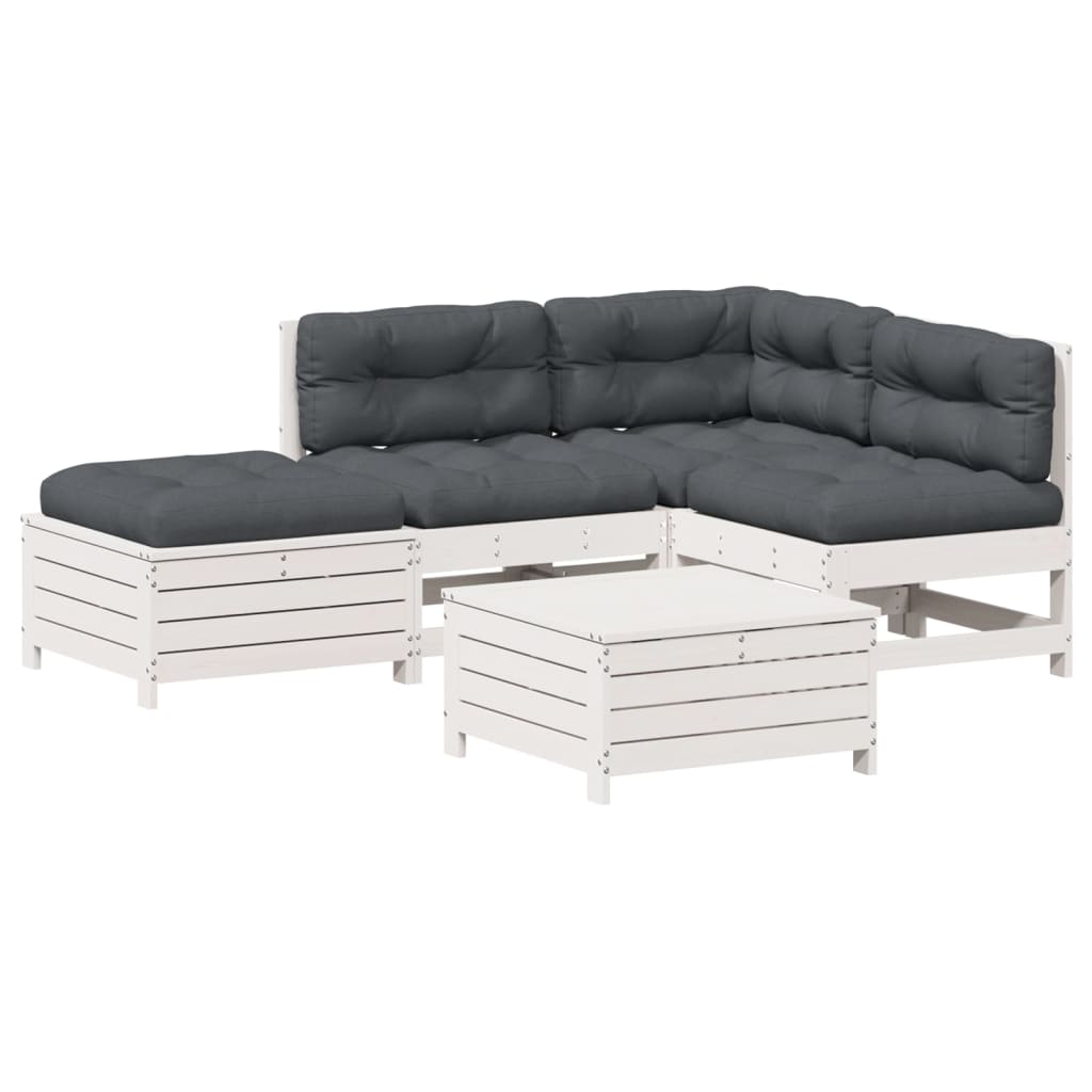 Salon de jardin 5 pcs avec coussins blanc bois massif de pin