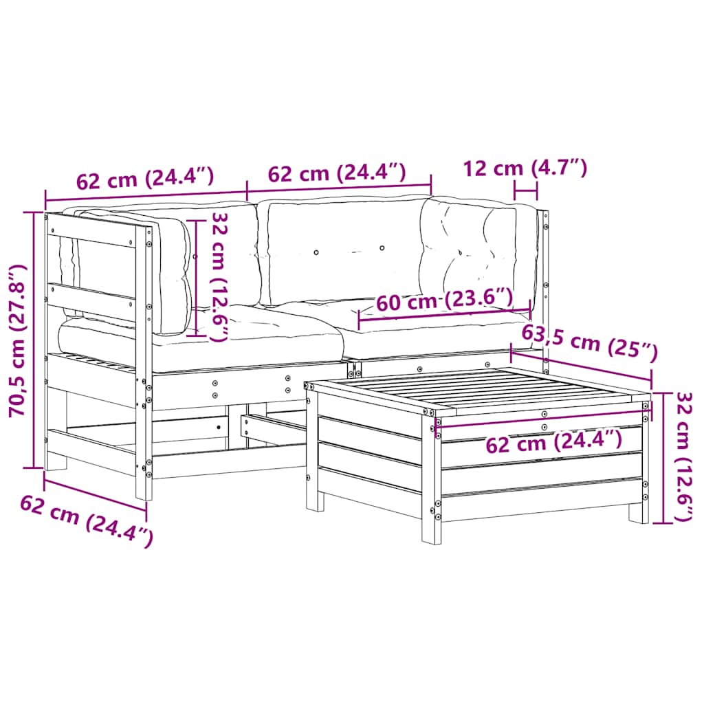 Salon de jardin 3 pcs avec coussins blanc bois de pin massif