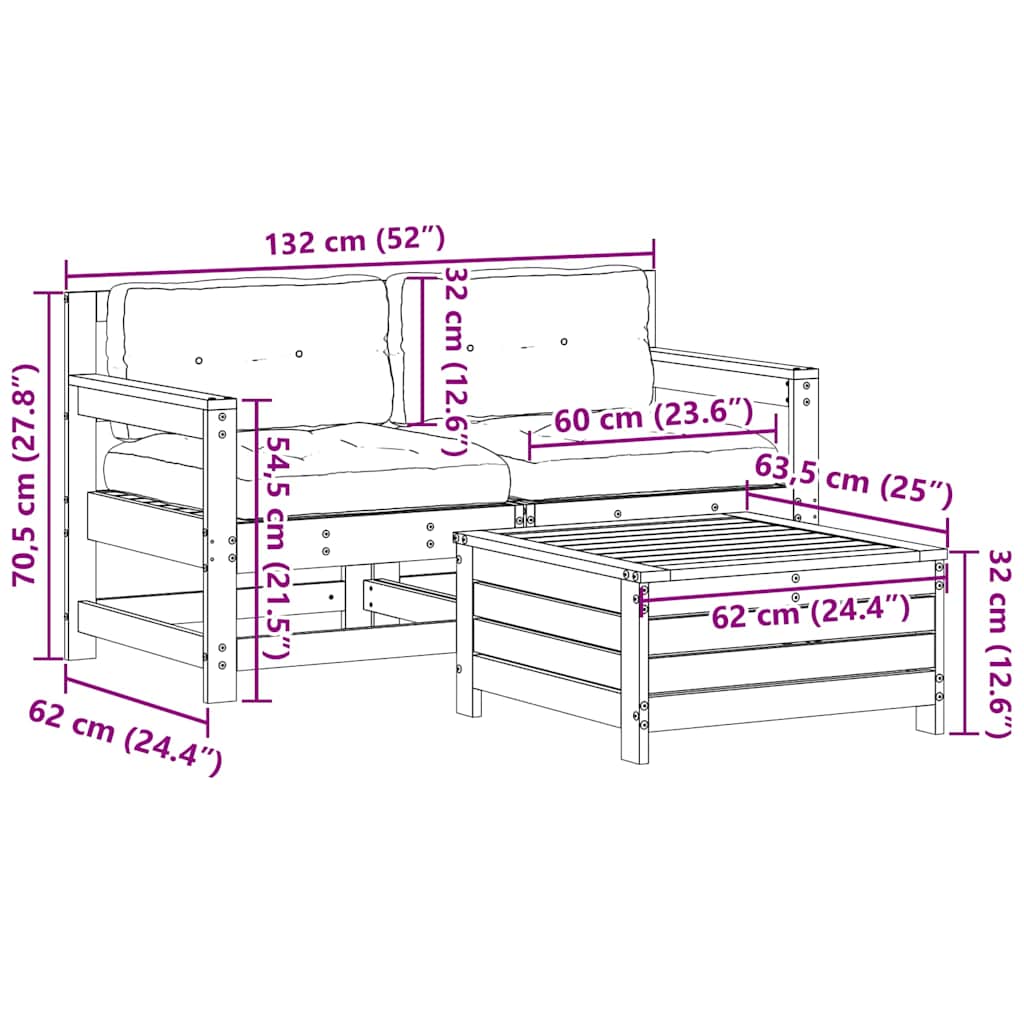 Salon de jardin 3 pcs avec coussins blanc bois de pin massif