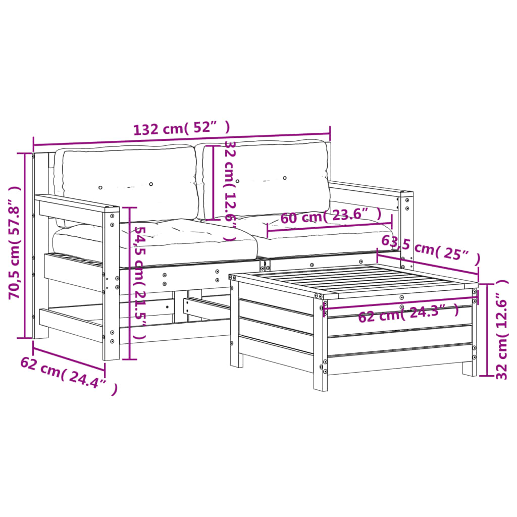 Salon de jardin 3 pcs avec coussins bois de pin imprégné