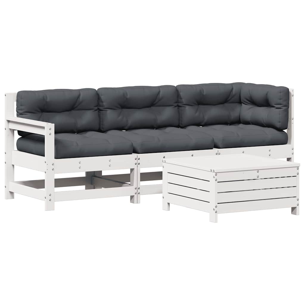 Salon de jardin 4 pcs avec coussins blanc bois de pin massif