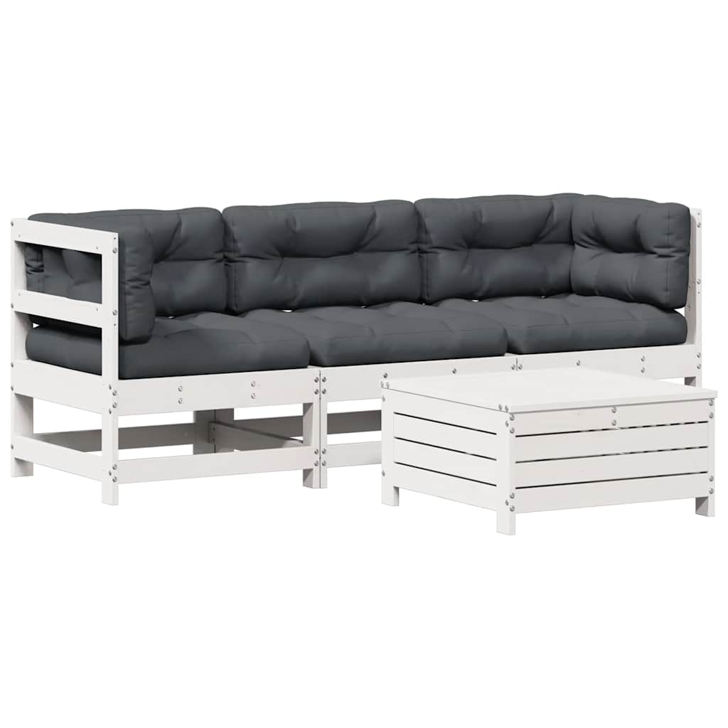 Salon de jardin 4 pcs avec coussins blanc bois de pin massif