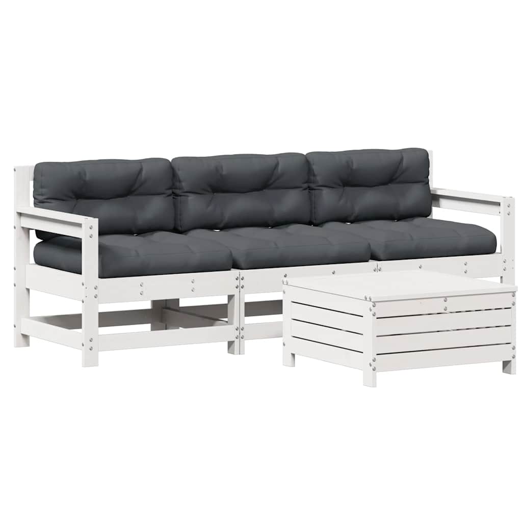 Salon de jardin 4 pcs avec coussins blanc bois de pin massif
