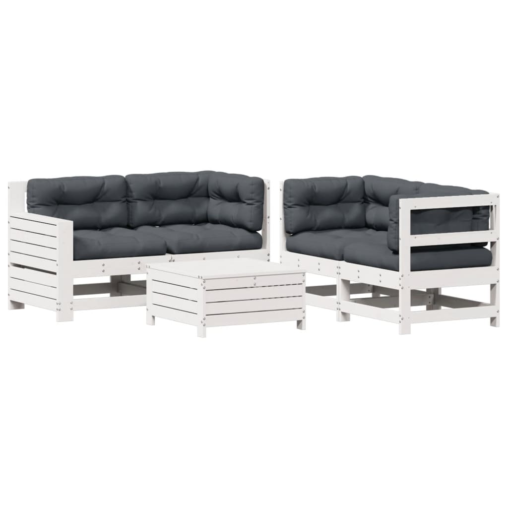 Salon de jardin 5 pcs avec coussins blanc bois massif de pin