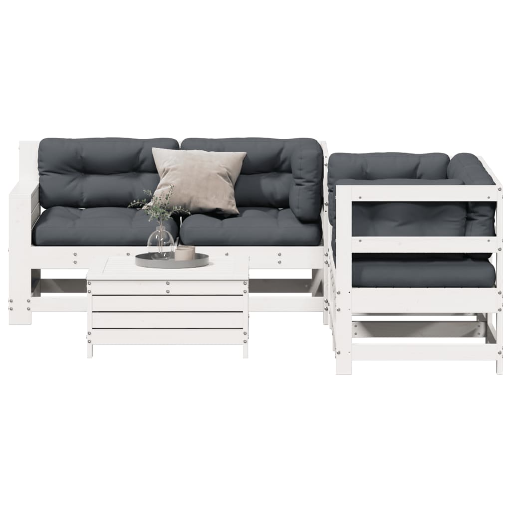 Salon de jardin 5 pcs avec coussins blanc bois massif de pin