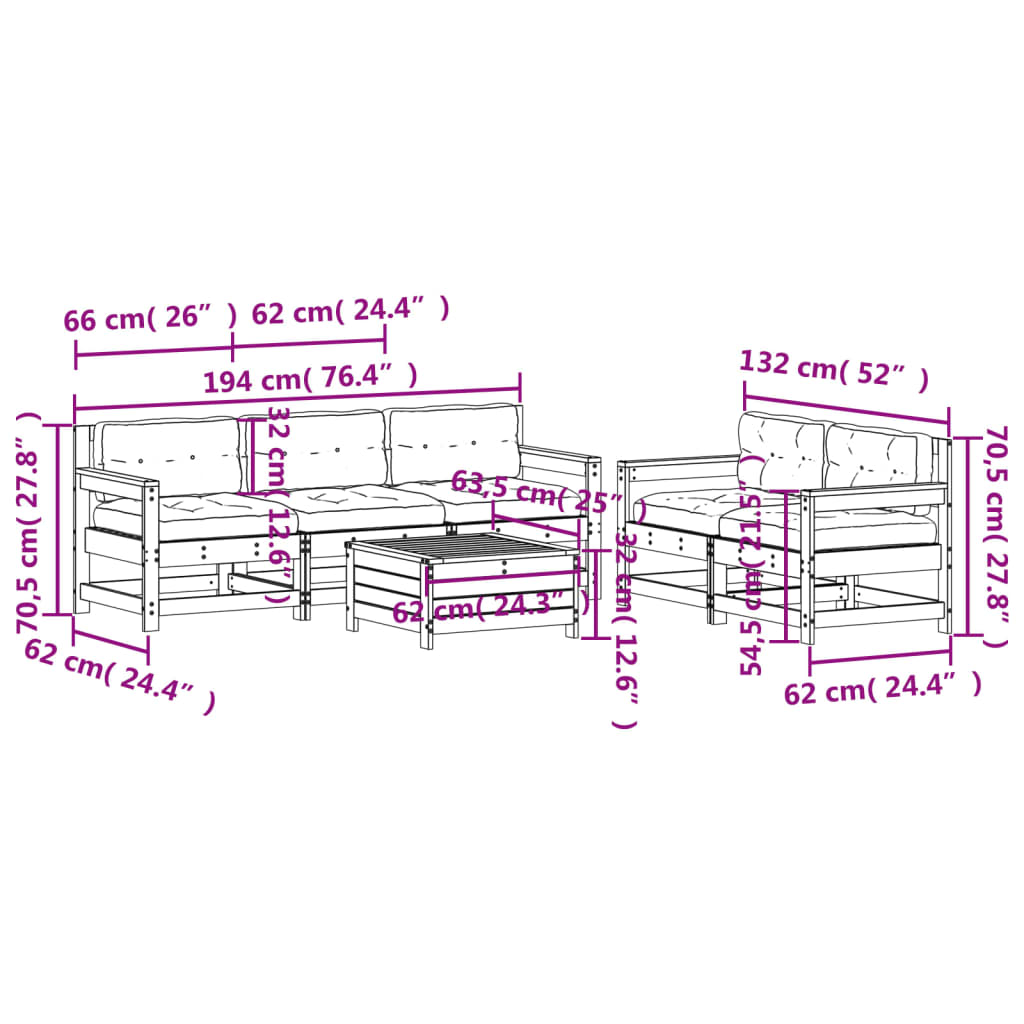 Salon de jardin avec coussins 6 pcs blanc bois de pin massif