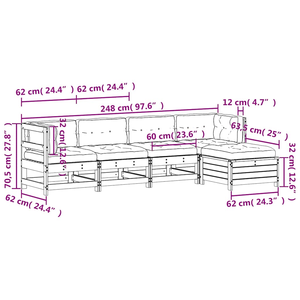 Salon de jardin 5 pcs avec coussins blanc bois massif de pin