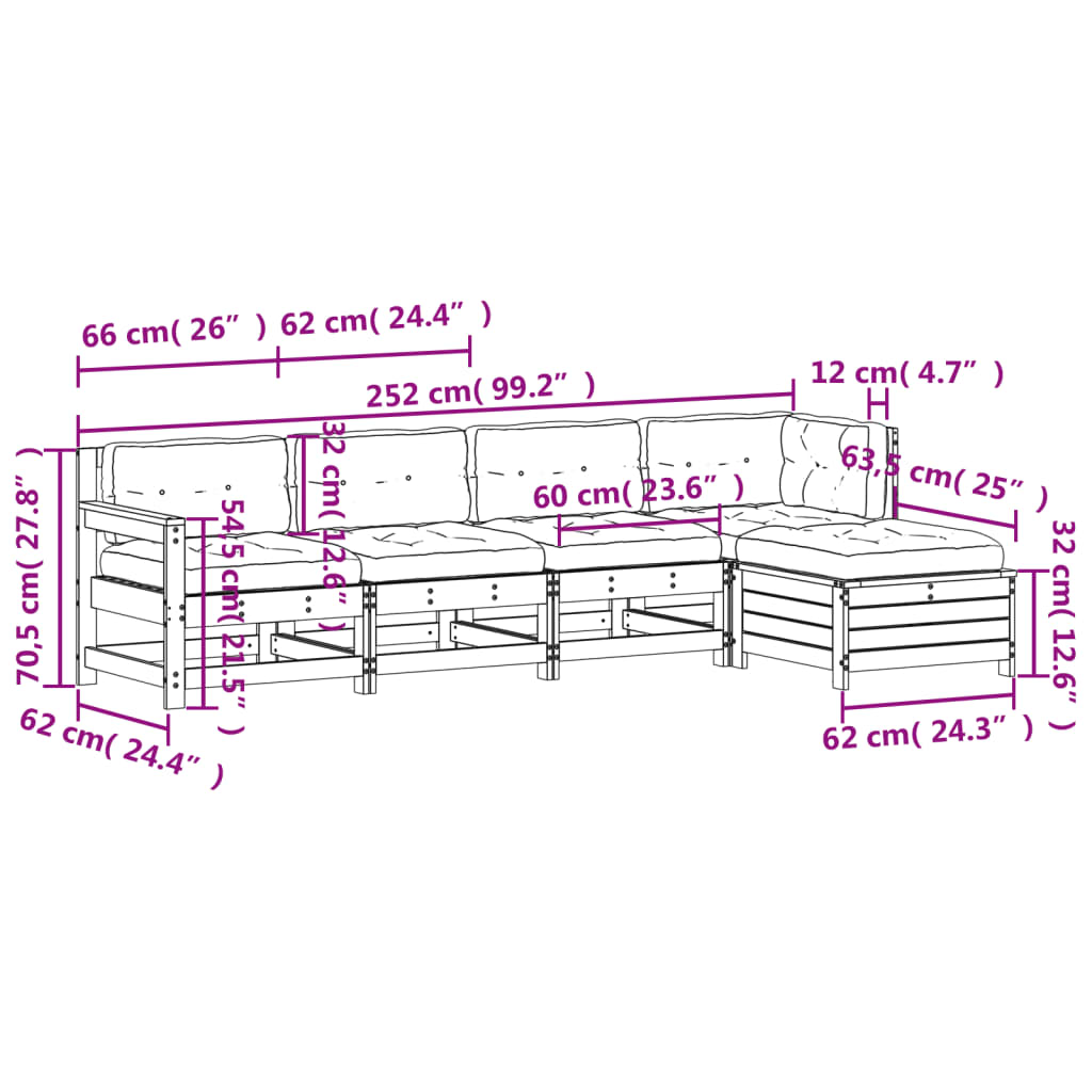 Salon de jardin 5 pcs avec coussins blanc bois massif de pin