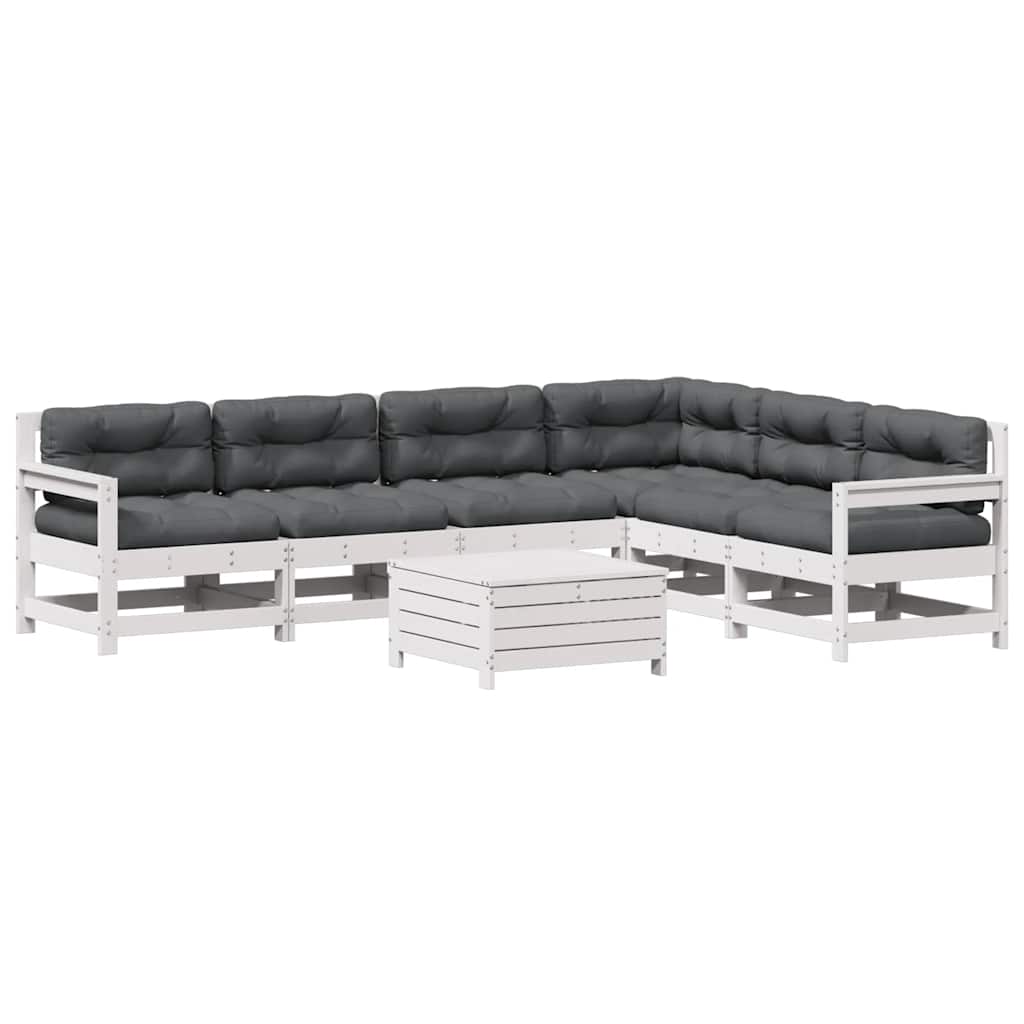 Salon de jardin 7 pcs avec coussins blanc bois de pin massif
