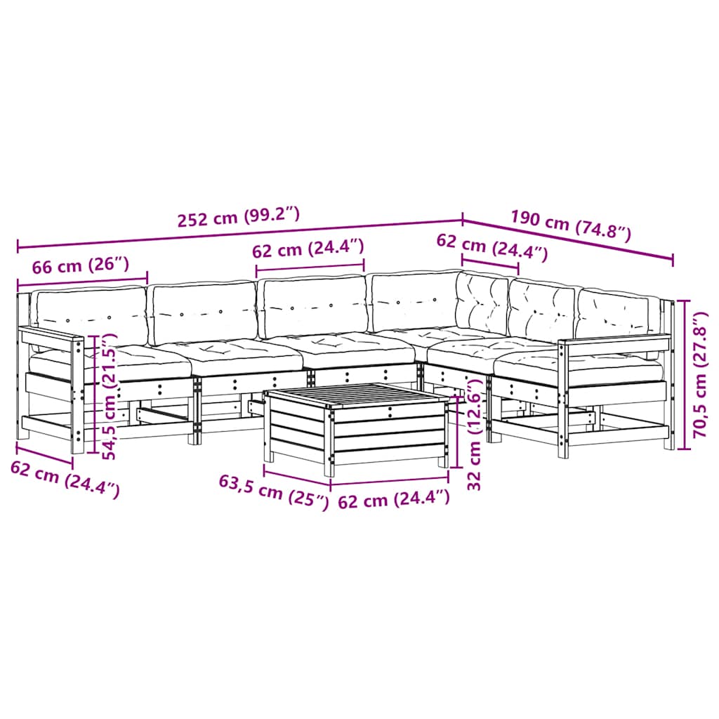 Salon de jardin 7 pcs avec coussins blanc bois de pin massif
