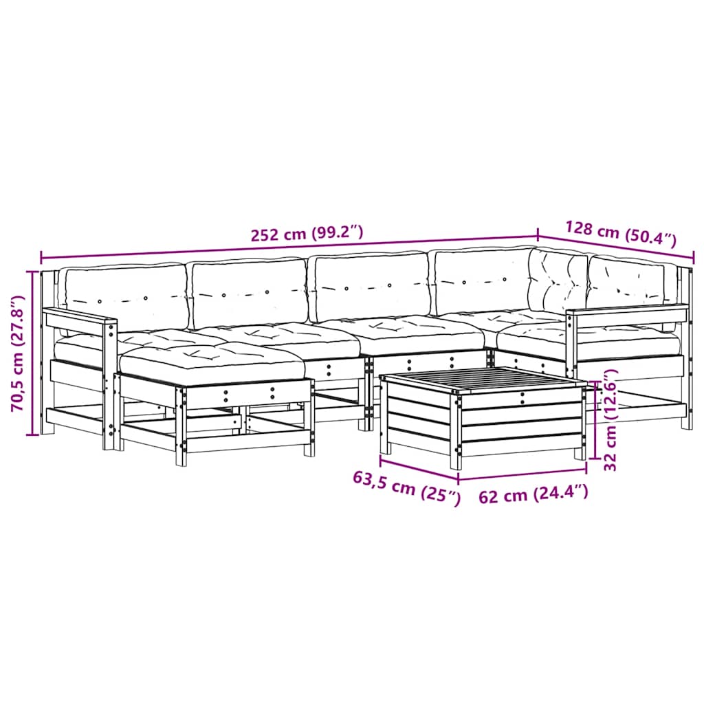 Salon de jardin 7 pcs avec coussins blanc bois de pin massif