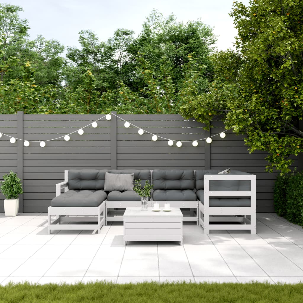 Salon de jardin 7 pcs avec coussins blanc bois de pin massif