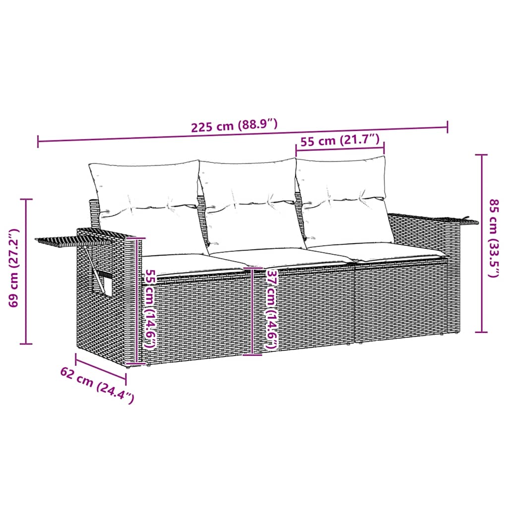 Salon de jardin avec coussins 3 pcs marron résine tressée
