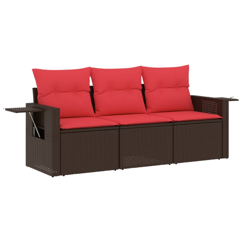 Ensemble de canapé de jardin 3 pcs avec coussins marron résine tressée