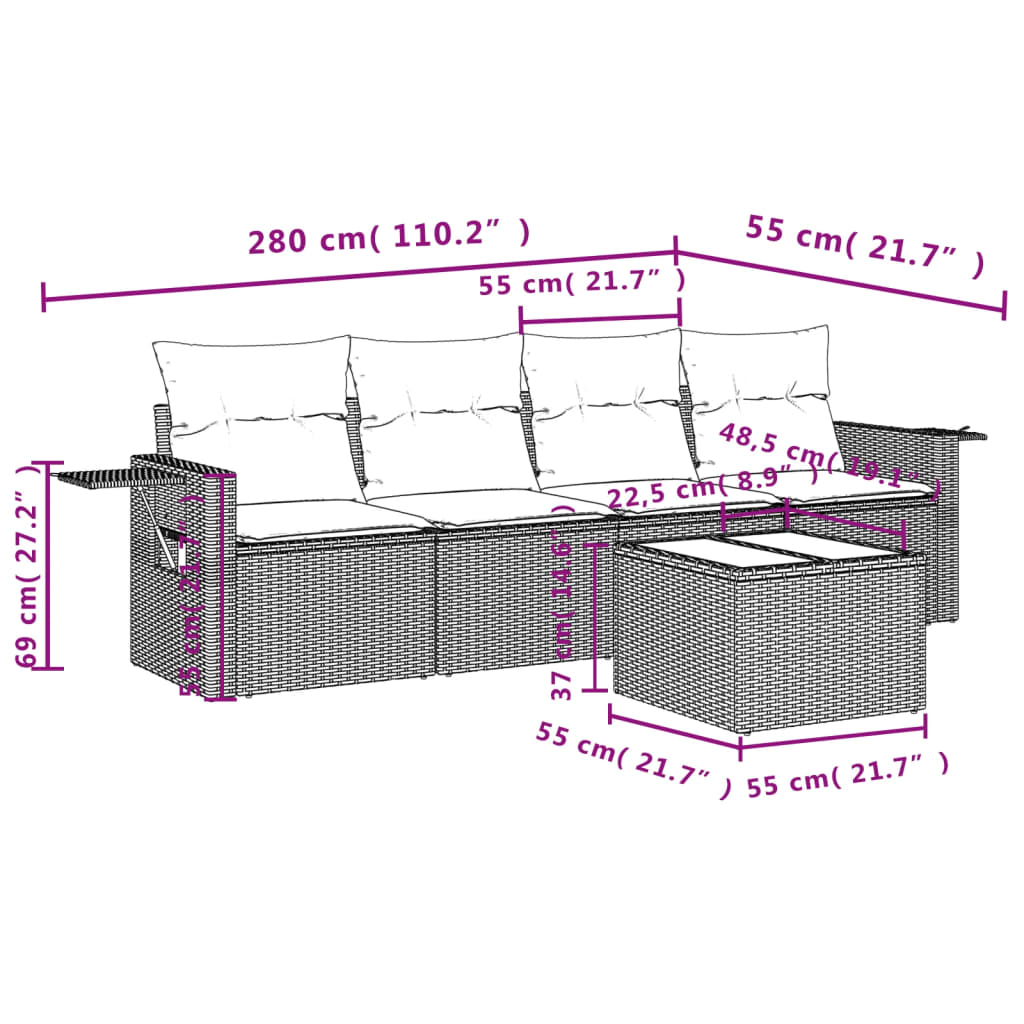 Ensemble de canapé de jardin 5 pcs avec coussins noir résine tressée
