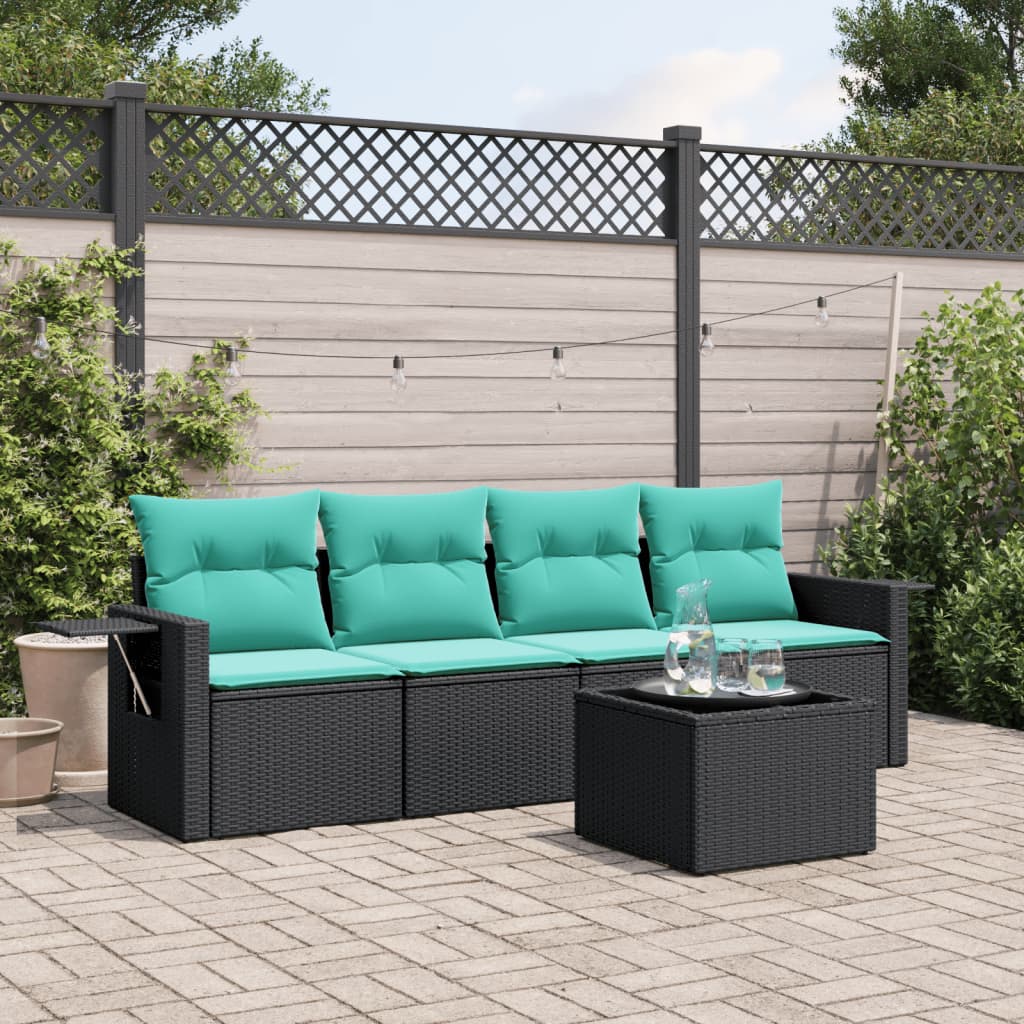 Ensemble de canapé de jardin 5 pcs avec coussins noir résine tressée