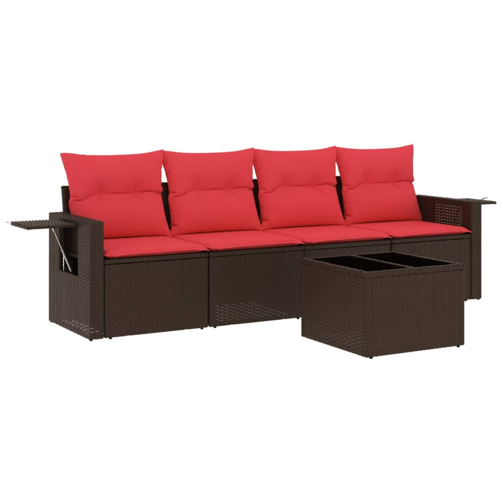 Ensemble de canapé de jardin 5 pcs avec coussins marron résine tressée