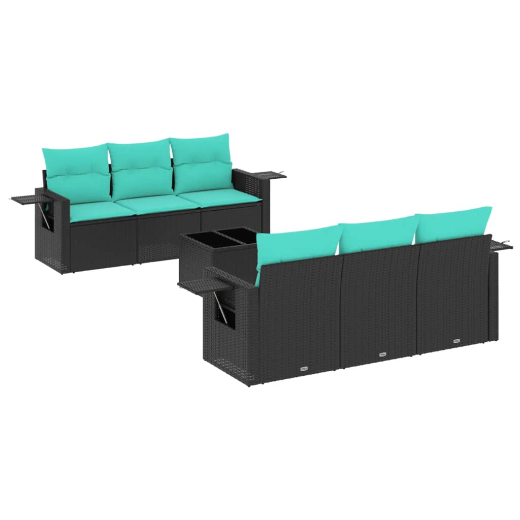 Ensemble de canapé de jardin 7 pcs avec coussins noir résine tressée