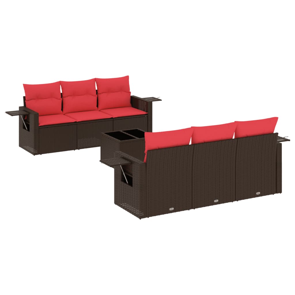 Ensemble de canapé de jardin 7 pcs avec coussins marron résine tressée