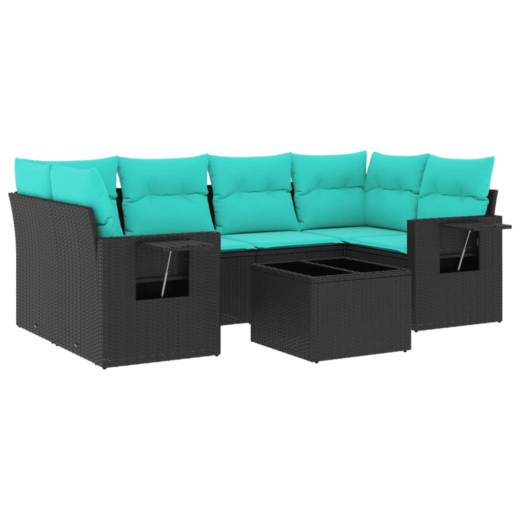 Ensemble de canapé de jardin 7 pcs avec coussins noir résine tressée