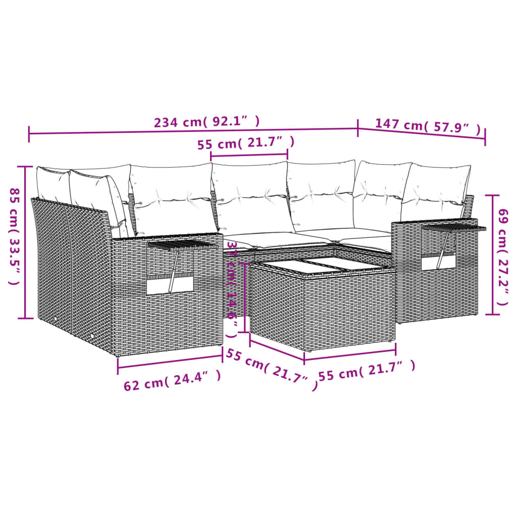 Salon de jardin avec coussins 7 pcs marron résine tressée